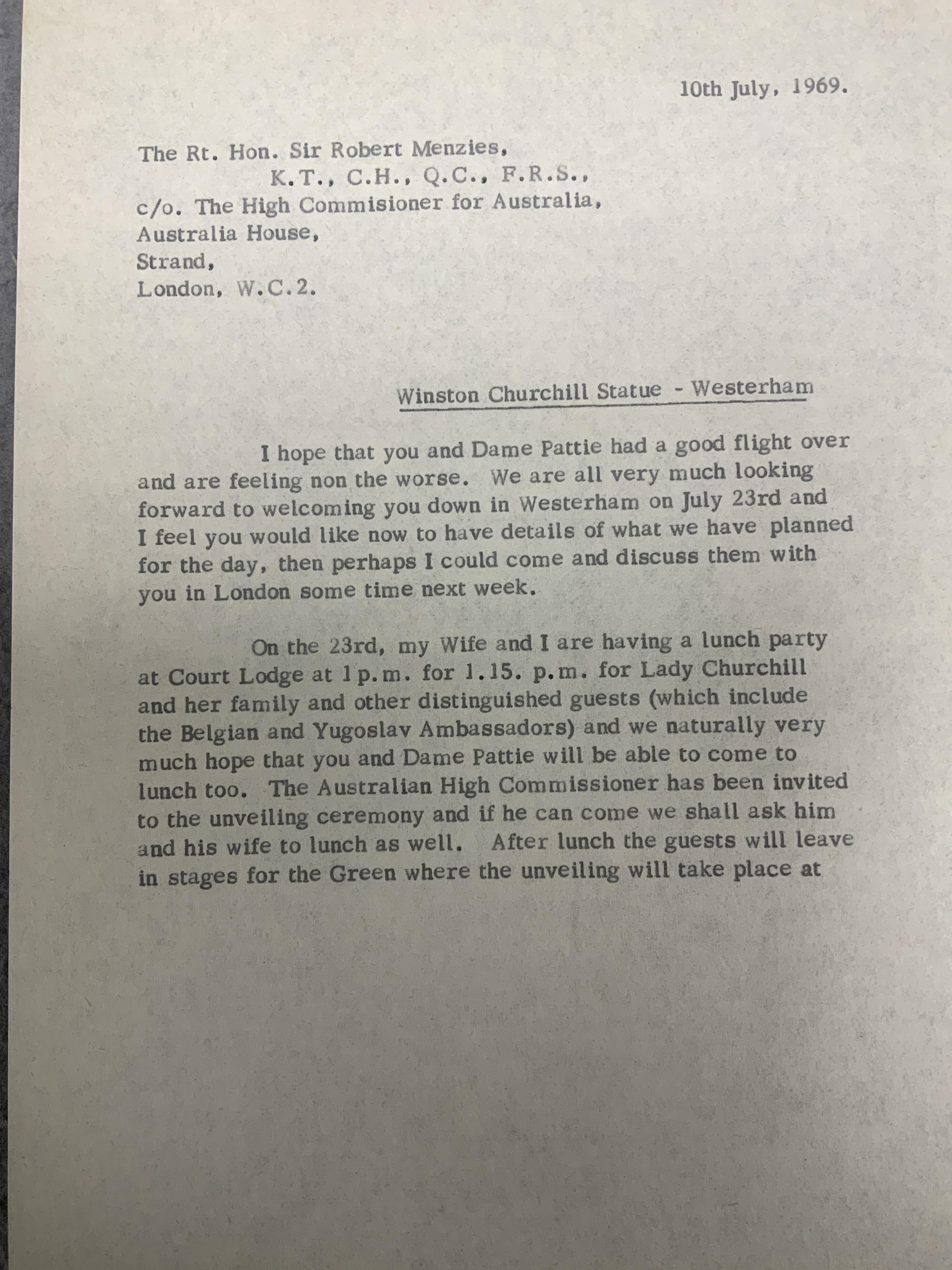 A collection of letters and other memorabilia regarding the unveiling of the Oscar Nemon (1906-1985) bronze statue of the seated figure of Sir Winston Churchill on The Green